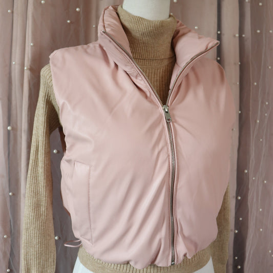 Pink Faux Leather Puffer Vest