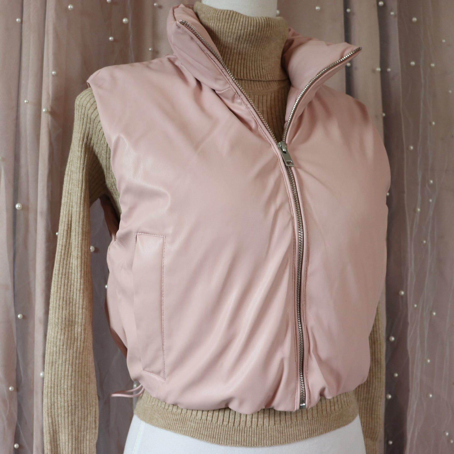 Pink Faux Leather Puffer Vest