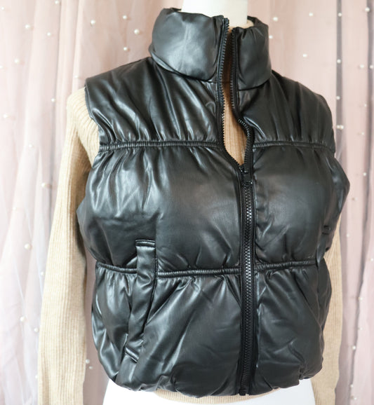Black Faux Leather Puffer Vest