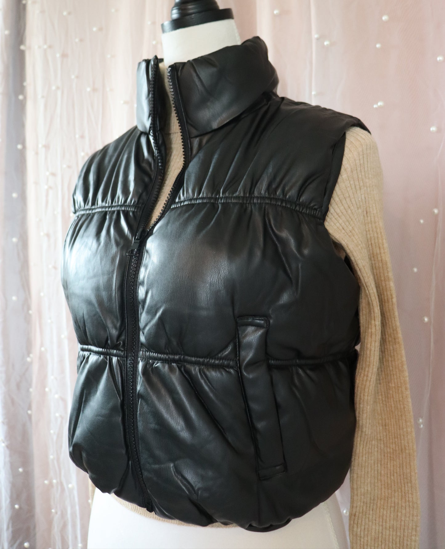 Black Faux Leather Puffer Vest